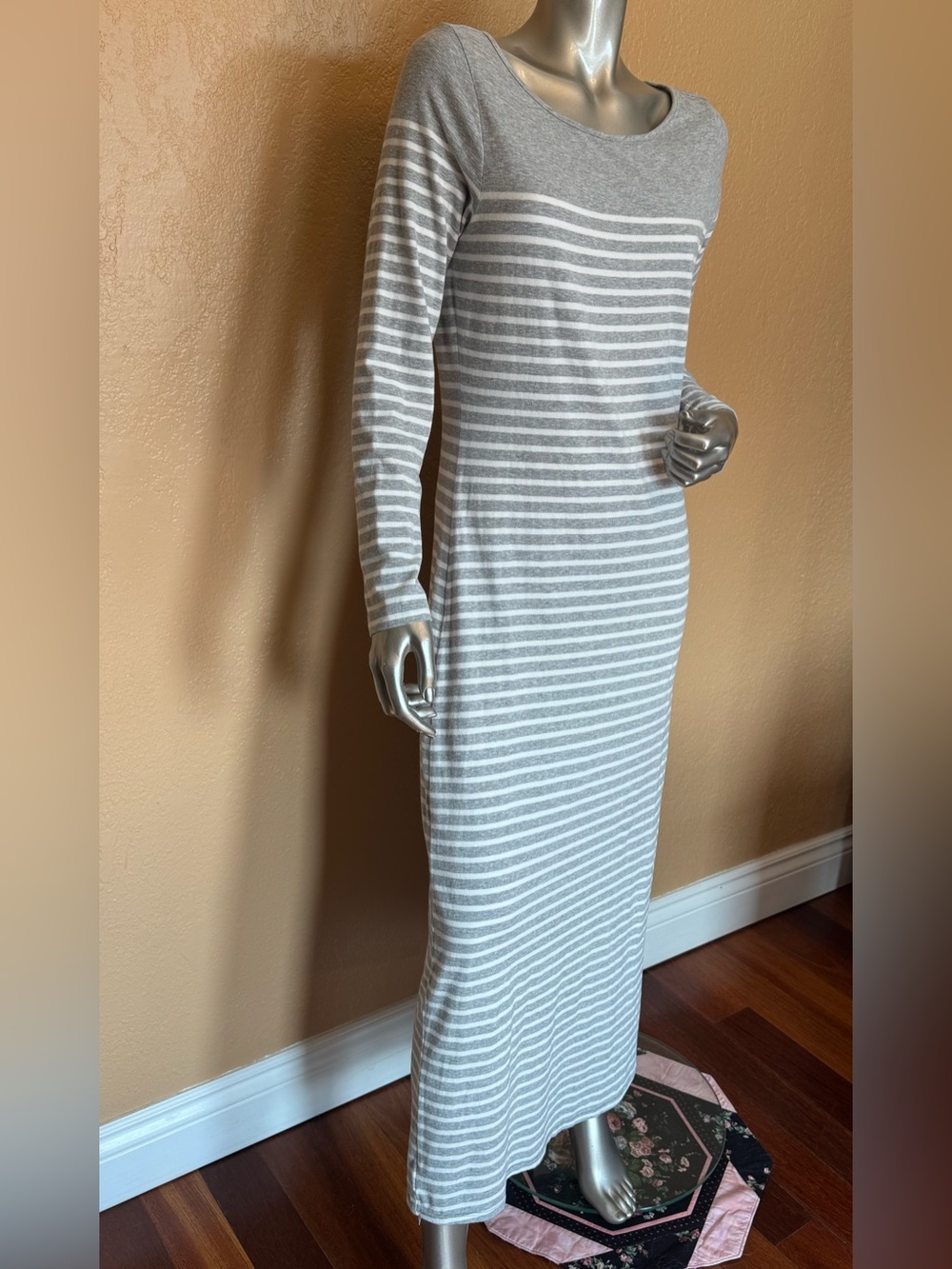 Tommy Bahama Heather Gray and White Striped Long Sleeve Maxi Dress